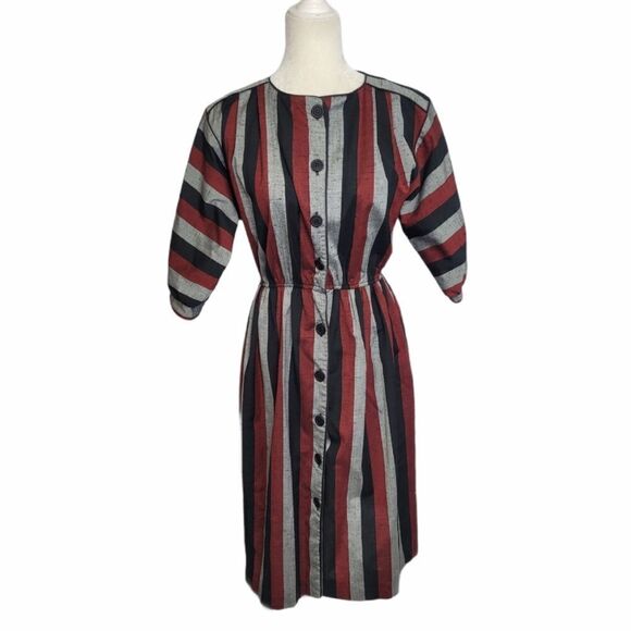 VINTAGE 70s dress striped button up half sleeve S - Picture 1 of 8